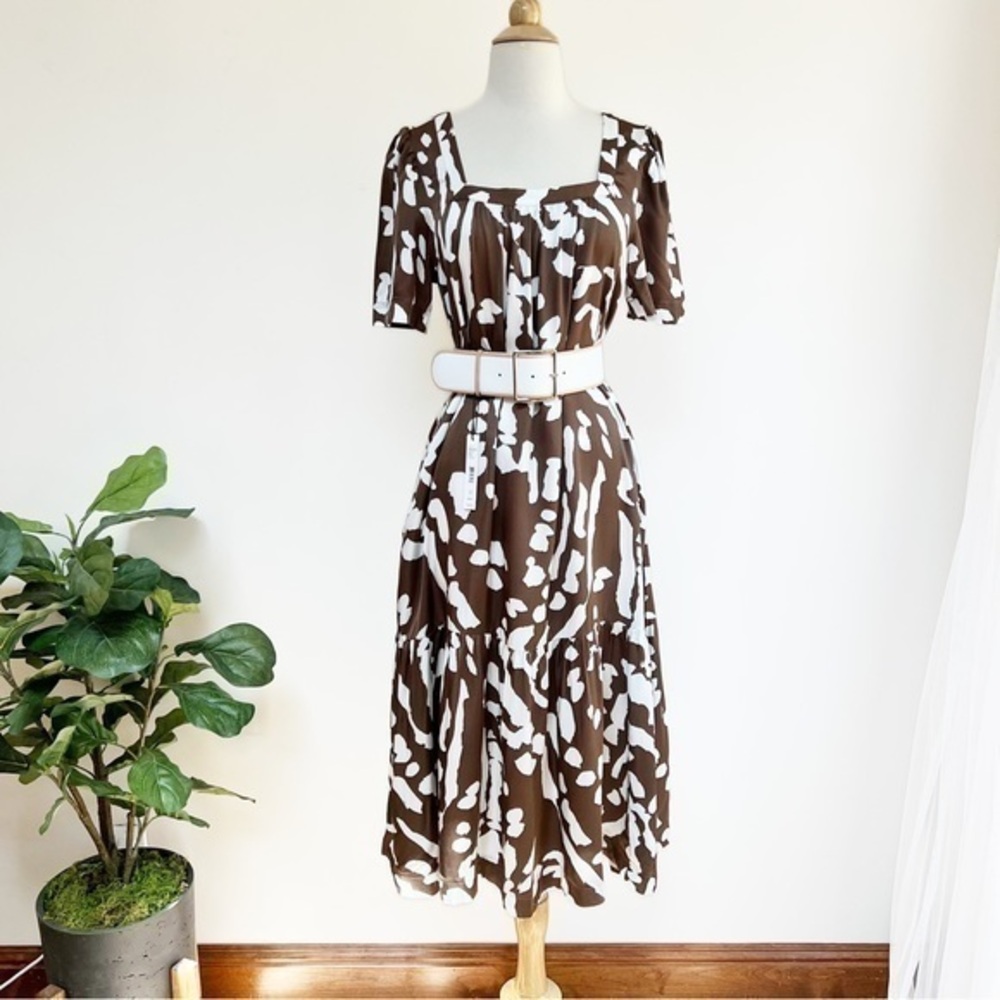💋Anthropologie brown white pattern maxi dress size S petite